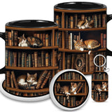 YIDAJI Bookshelf Gift - Cat Bookshelf Mug - Gifts For Women - Unique Gift For Book Lover, Reader, Librarian, Writer - Birthday Gift Idea For Cat Lover, Owner Cat - Book Mug, Coaster, Keychain YIDAJI