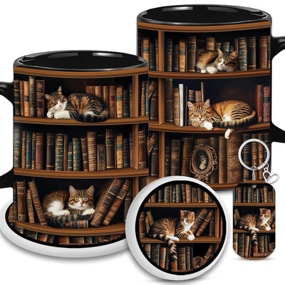 YIDAJI Bookshelf Gift - Cat Bookshelf Mug - Gifts For Women - Unique Gift For Book Lover, Reader, Librarian, Writer - Birthday Gift Idea For Cat Lover, Owner Cat - Book Mug, Coaster, Keychain