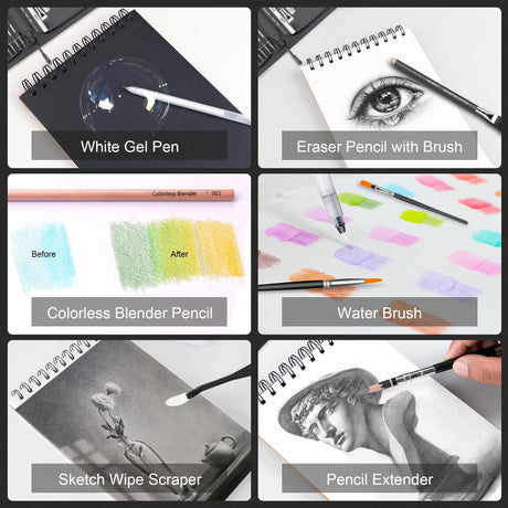 HIFORNY 136 PCS Drawing & Sketching Set,Pro Art Supplies with Graphite,Charcoal,Colored,Watercolor,Metallic Pencils,Blending Tools,Sketchbook,Watercolor Book and Coloring Book in Zipper Case (Black) HIFORNY