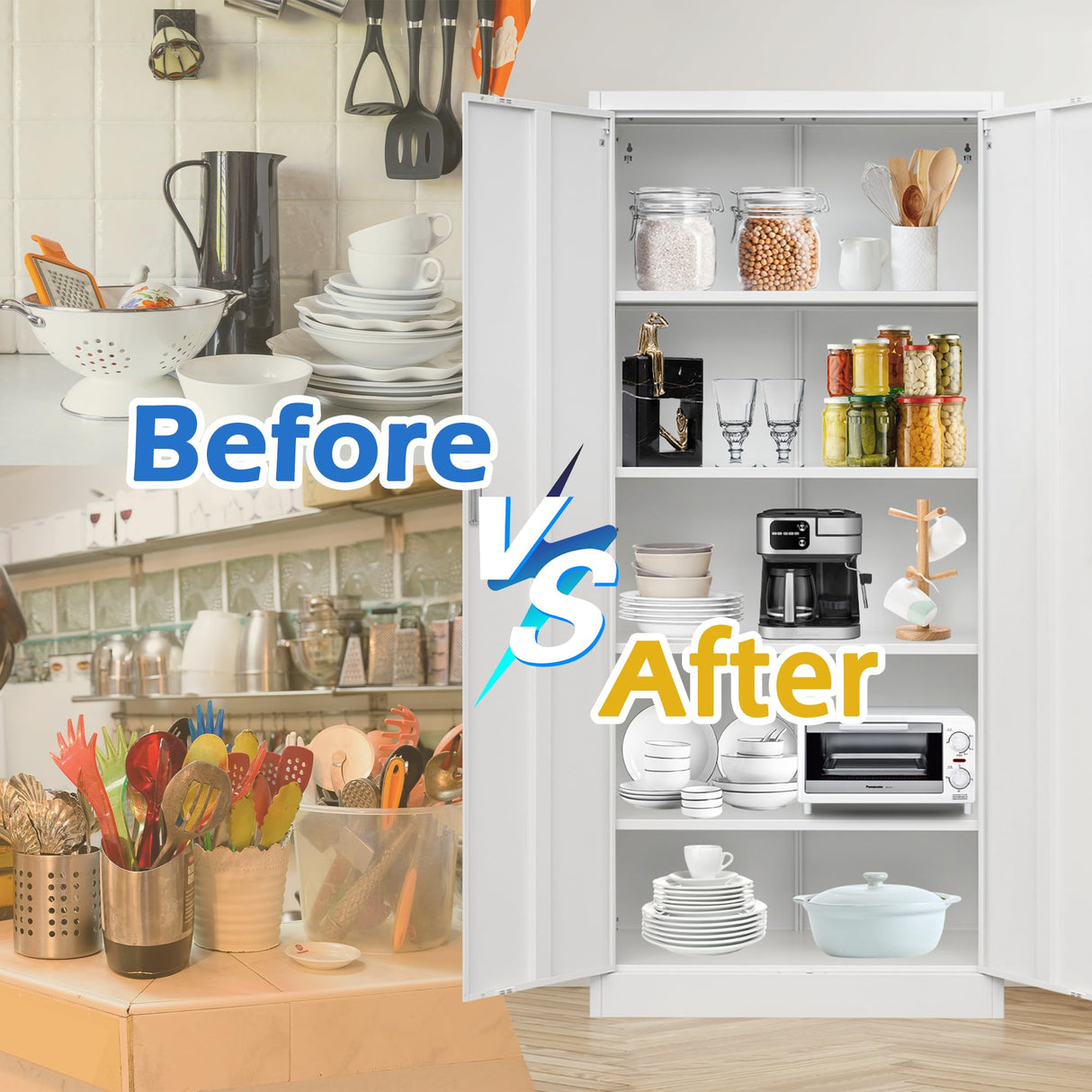 Metal Storage Cabinet, 71”H Locking Storage Cabinet with Adjustable Shelves, Steel Storage Cabinets for Garage, Home, Office, Pantry (White) Wanfu