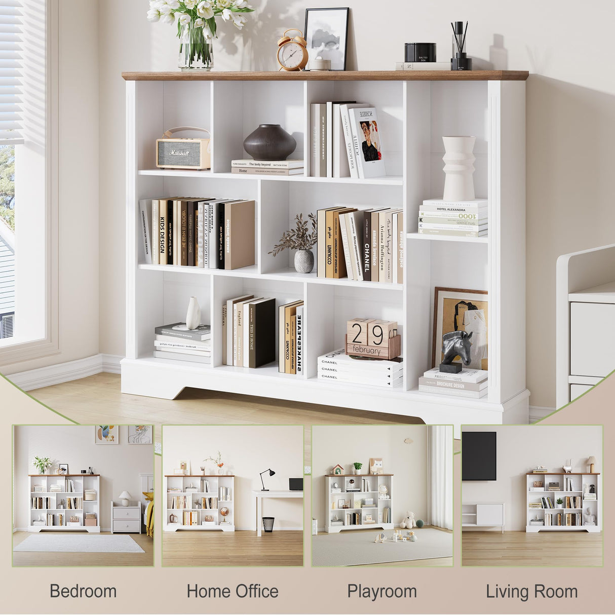 AesthLife 10 Cube Storage Bookcase, Modern 3-Tier Wooden Storage Organizer Open Bookshelf with Base for Living Room, Bedroom, Home Office AesthLife