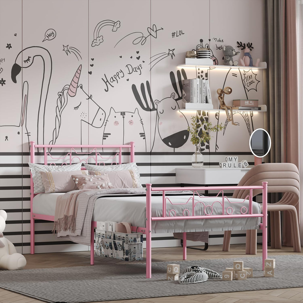 Newest Kitty Design Twin Bed Frames with Bedside Storage Caddy for Girls Metal Platform Twin Size Mattress Foundation Single Beds with Headboard Pink SENLOO