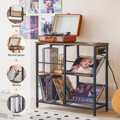 HOOBRO Record Player Stand, Turntable Stand with 3-Tier Vinyl Record Storage, End Table with Charging Station, Record Player Table Up to 150 Albums, for Living Room, Rustic Brown and Black BF03URS01