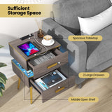Giantex Nightstand with Charging Station & LED Lights, 28.5" Bedside Table with 2 Drawers, 2 USB Ports & 3 Outlets, Modern End Side Table with Gold Metal Legs, Smart Night Stand for Bedroom, Grey (2) Giantex