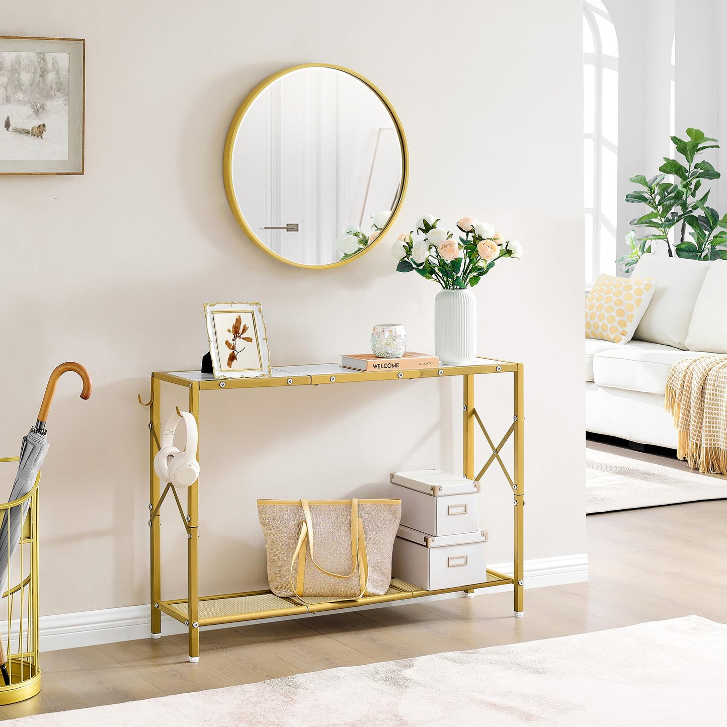 Gewudraw Gold Console Table, 2 Tier Narrow Entryway Table with Shelves and Hooks, Couch Table Behind Sofa, Entrance Table with Golden Frame for Entryway, Hallway, Foyer - WoodArtSupply