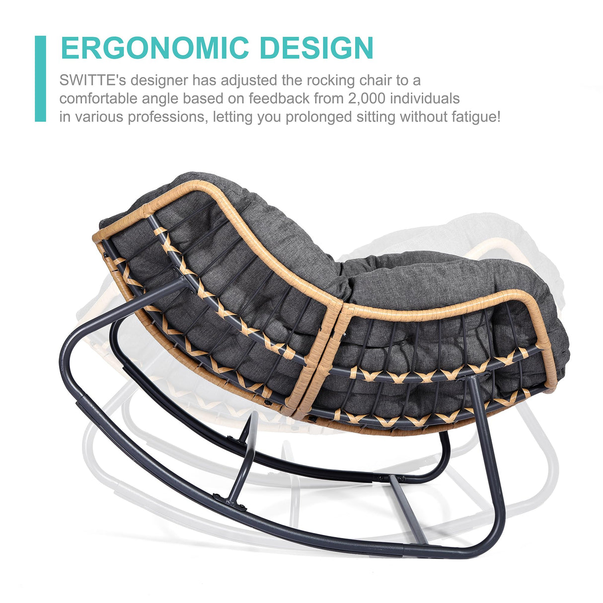 SWITTE Outdoor Rocking Egg Chair, Indoor Papasan, Rattan Wicker Lounge, Modern Royal for Bedroom, Living Room, Porch, Garden, Lawn - Dark Grey SWITTE