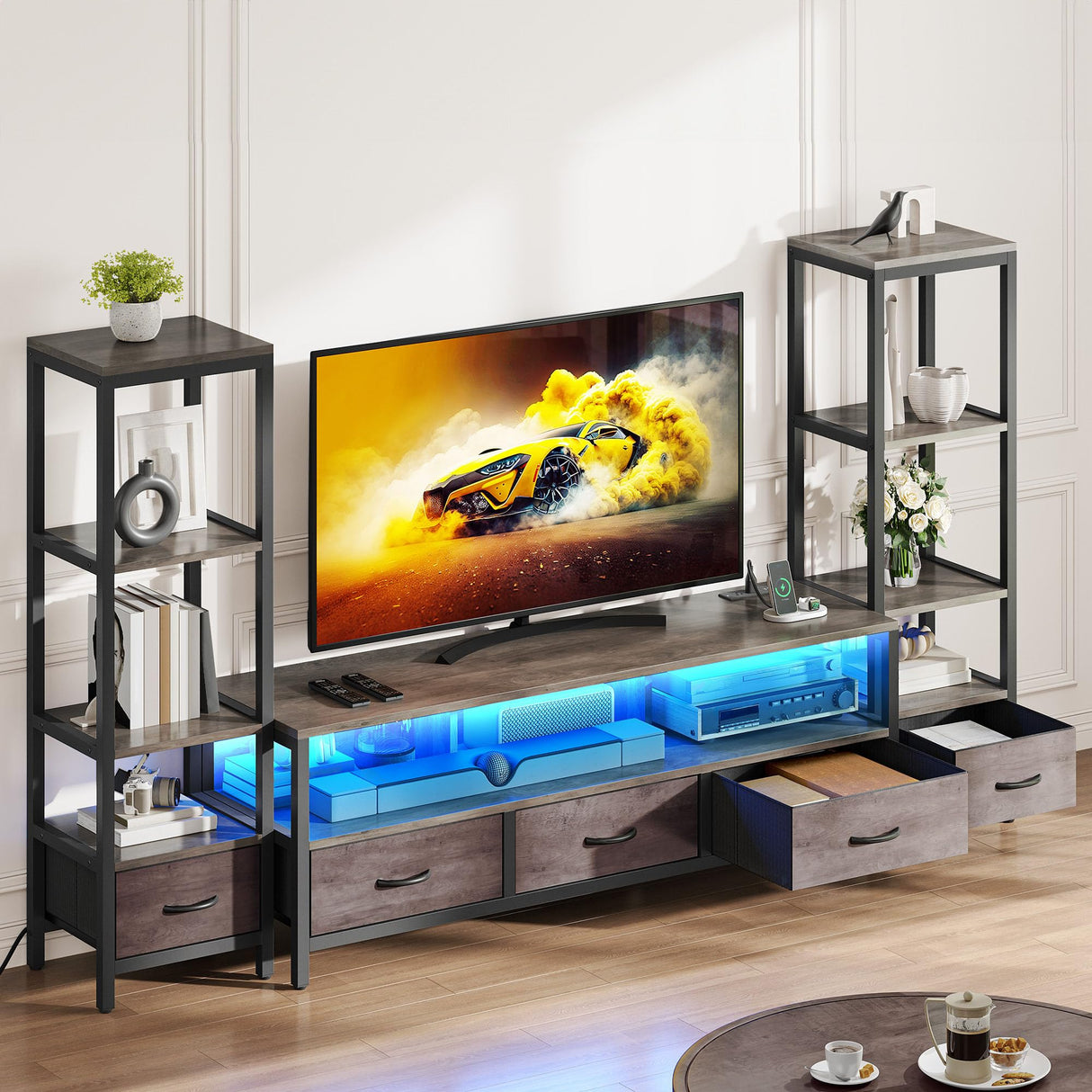 YITAHOME TV Stands for 65 inch TV Entertainment Center with 2 Industrial 4-Tier Bookshelves, LED TV Stands for Living Room, Modern Farmhouse TV Console Cabinet with Power Outlets, Grey YITAHOME