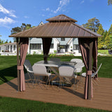 Yardsight Hardtop Gazebo 10' x 10', Outdoor Aluminum Frame Galvanized Steel Double Roof Pavilion with Netting and Shaded Curtains, Permanent Metal Pergolas for Patio, Backyard, Deck and Lawns. Yardsight