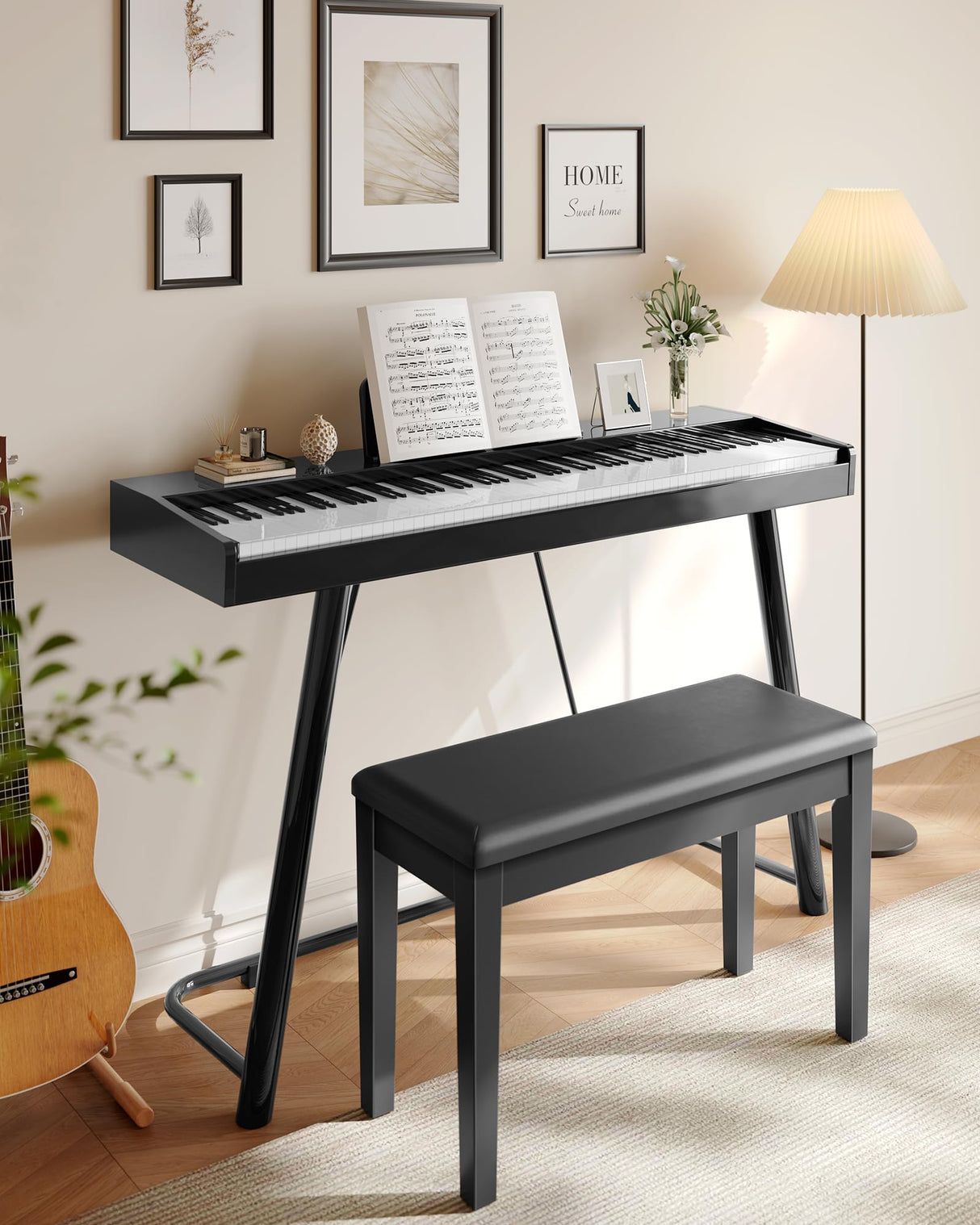 SONGMICS Wooden Duet Piano Bench with Padded Cushion and Music Storage Compartment, Piano Chair Seat, Black ULPB75BK SONGMICS