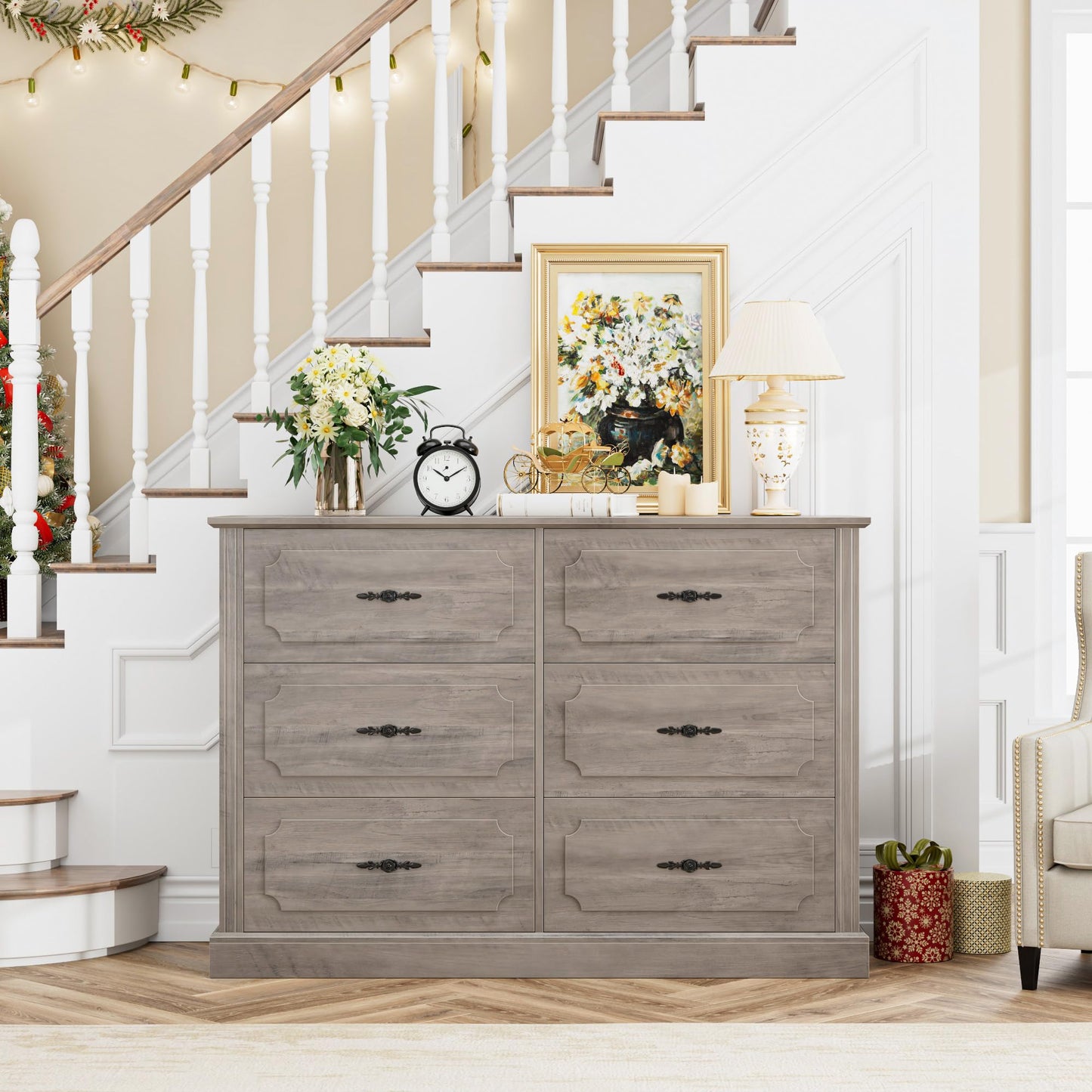 finetones Wood Dresser 6 Drawer, 47.2'' Grey Dresser Farmhouse Dresser Chest of Drawers with Designed Drawer Surfaces, Grey Dresser with Deeper Drawer, Ash Grey - WoodArtSupply