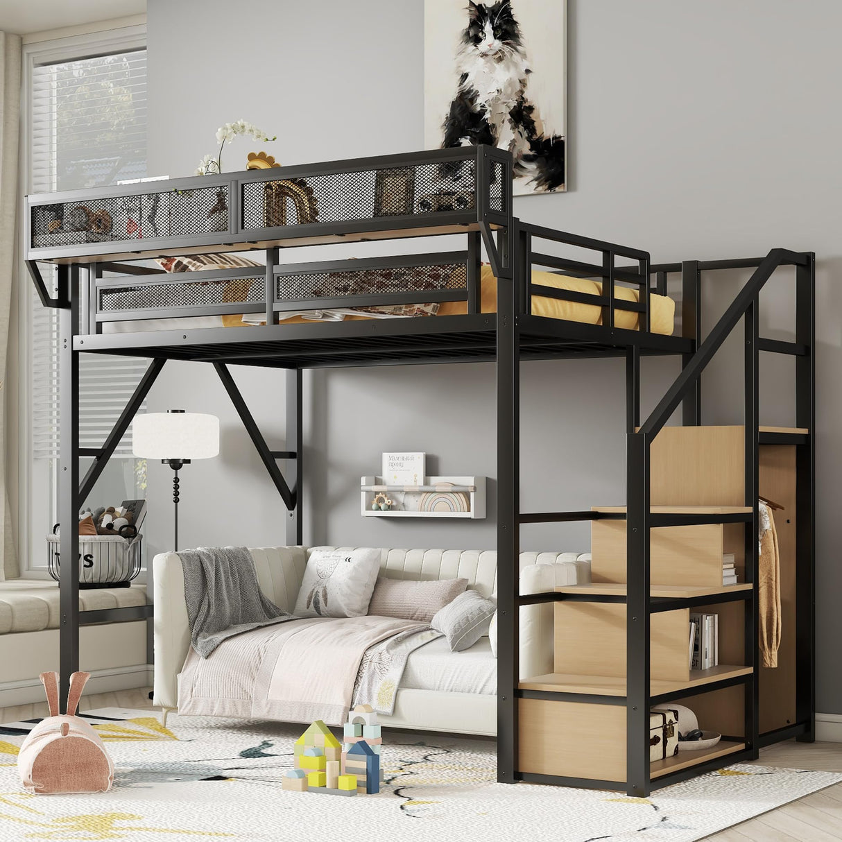 Mirightone Full Size Loft Bed with Stairs and Storage, Metal Loft Bed Frame with Bedside Shelf and Large Under-Bed Space, Heavy-Duty Bed for Adults Teens and Kids, Black Mirightone