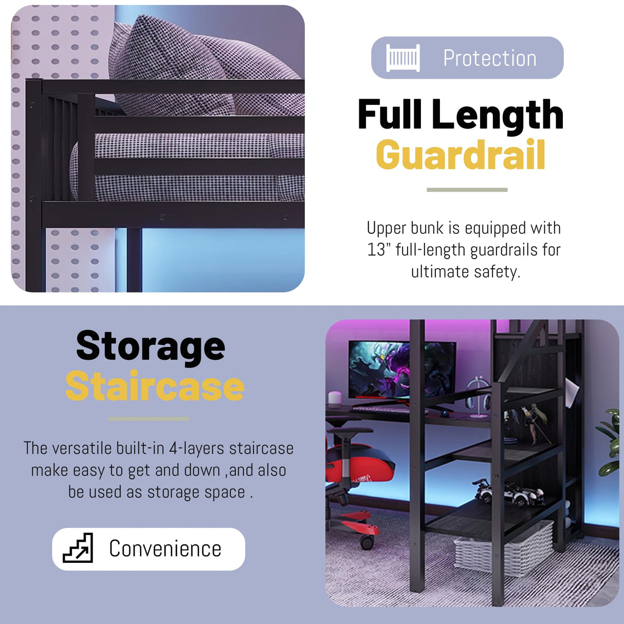Full Size Loft Bed with Desk,Metal Heavy Duty Full LoftBed with Stairs,Wardrobe and Shelves, High Gaming Loft Beds with LED Light and USB Charging Station for Kids, Teens, Adults, Black Mirightone