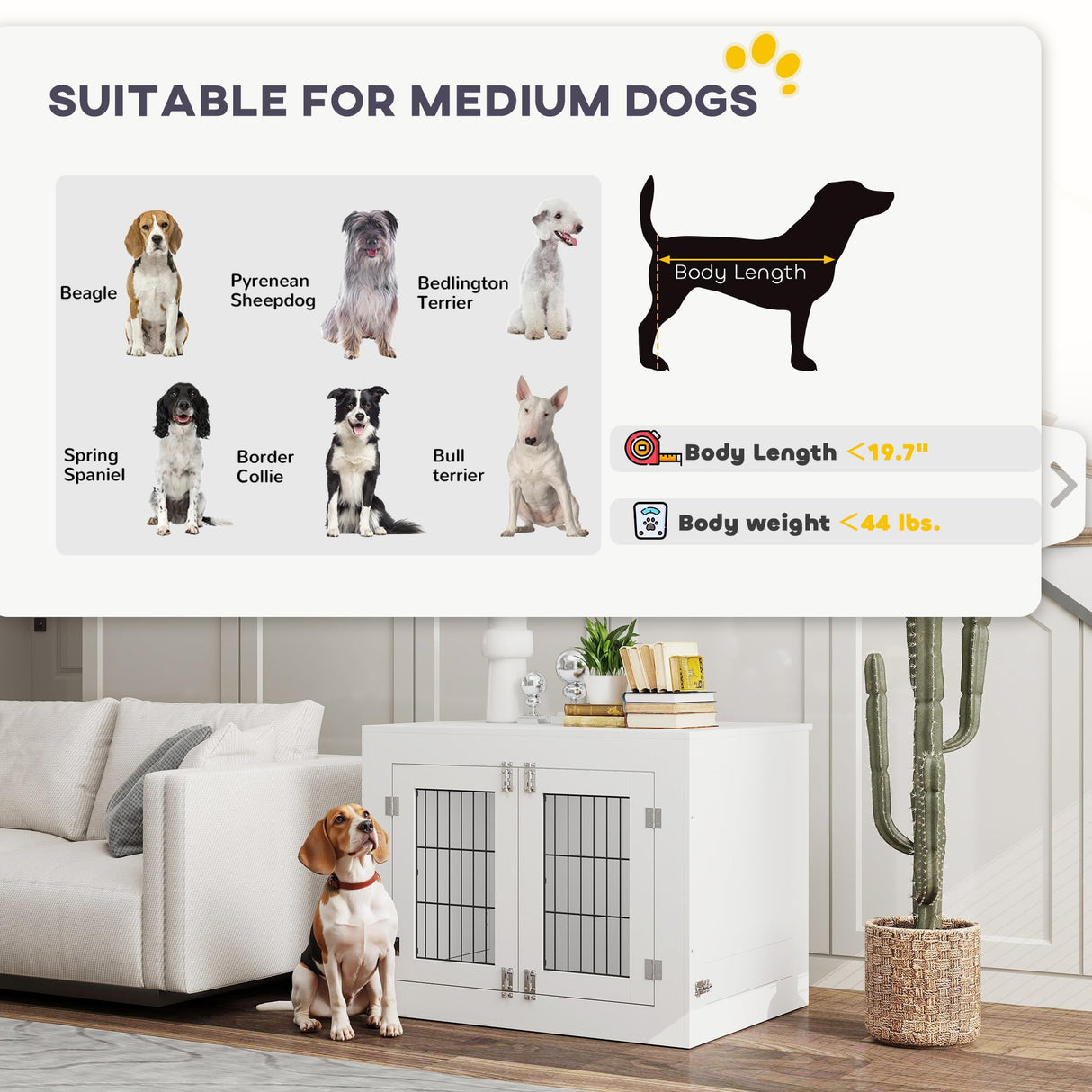 PawHut Dog Crate Furniture w/ 360° Rotatable Removable Dog Bowls, Dog Kennel Furniture w/Two Doors, Non-Slip Foot Pads, Furniture Dog Crate End Side Table for Medium Dogs, 31.5" x 24" x 25", White PawHut
