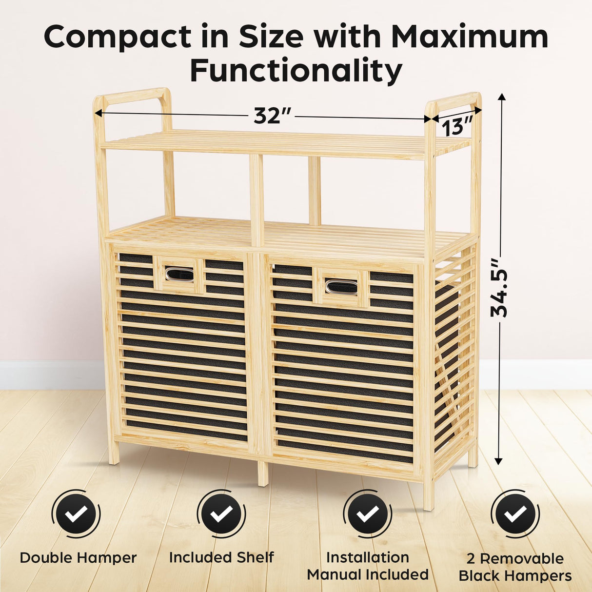 TidyHub Double Tilt Out Laundry Hamper with Shelf - Durable Bamboo Hamper with 2 Removable Laundry Liner Fabrics, Easy Grab Handle & Manual - Pull Out Laundry Hamper Cabinet for Clothes Towels Toys TidyHub