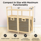 TidyHub Double Tilt Out Laundry Hamper with Shelf - Durable Bamboo Hamper with 2 Removable Laundry Liner Fabrics, Easy Grab Handle & Manual - Pull Out Laundry Hamper Cabinet for Clothes Towels Toys TidyHub