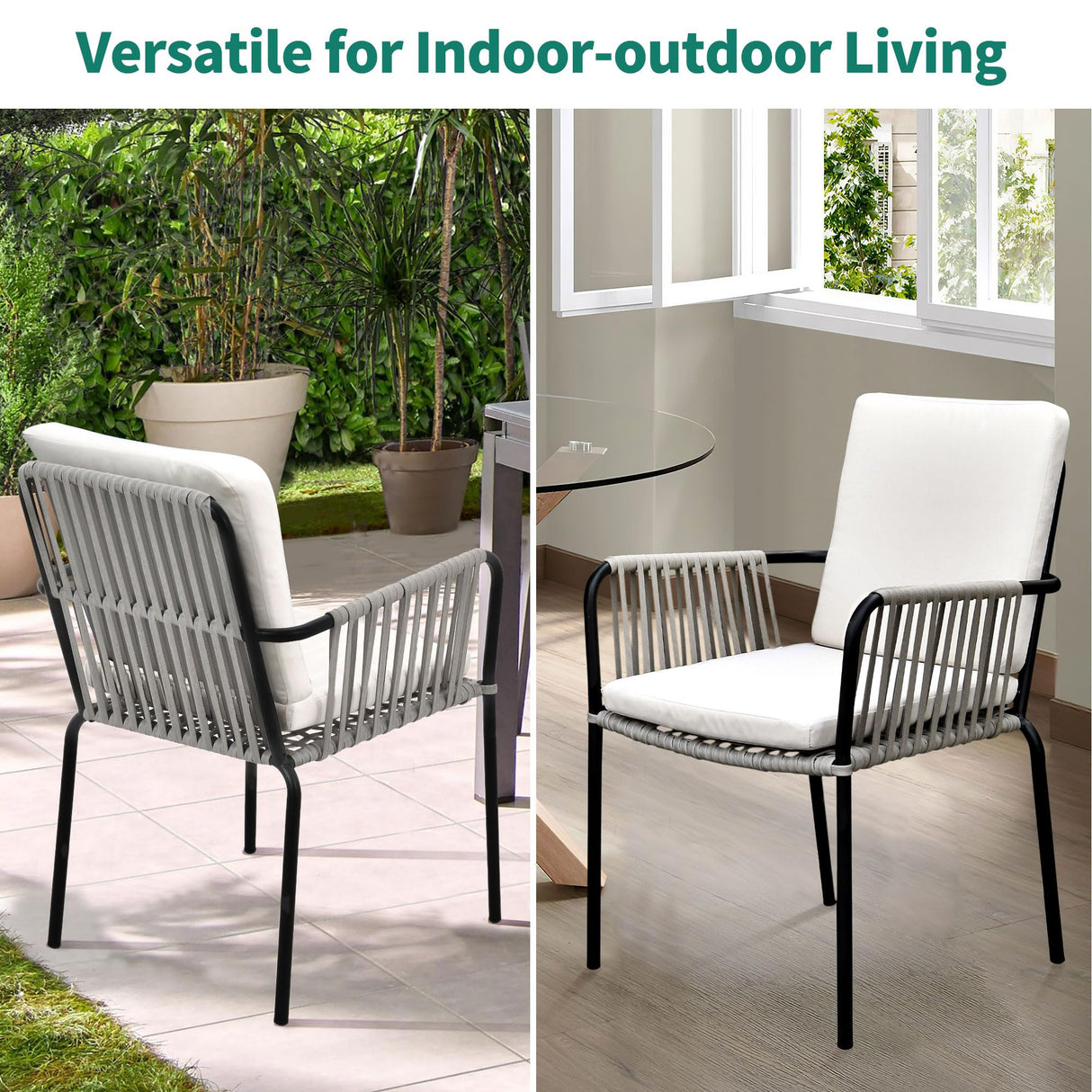 YITAHOME Outdoor Dining Chair Set of 4, All-Weather Rope & Rattan Woven Chairs, Indoor-Outdoor Armchair Seating for Patio, Backyard, Poolside, Balcony - Grey Rattan & Beige YITAHOME
