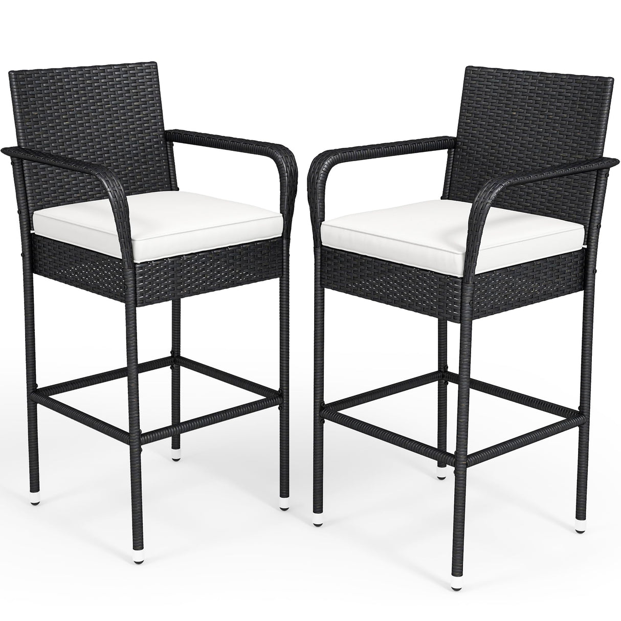 YITAHOME Outdoor Wicker Bar Stools Set of 2, Patio Wicker Counter Stools with Armrest & Backrest, Outdoor Bar Height Chairs with Soft Cushions for Backyard Pool Garden Deck, Black YITAHOME