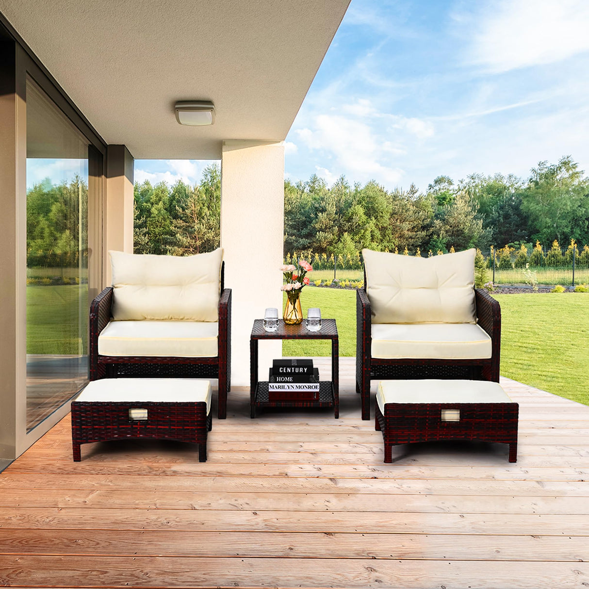 Pamapic 5 Pieces Outdoor Patio Chairs with Ottomans, Wicker Patio Furniture Set Outdoor, Patio Chairs Conversation Furniture with Coffee Table for Poorside Garden Balcony (Beige)… Pamapic