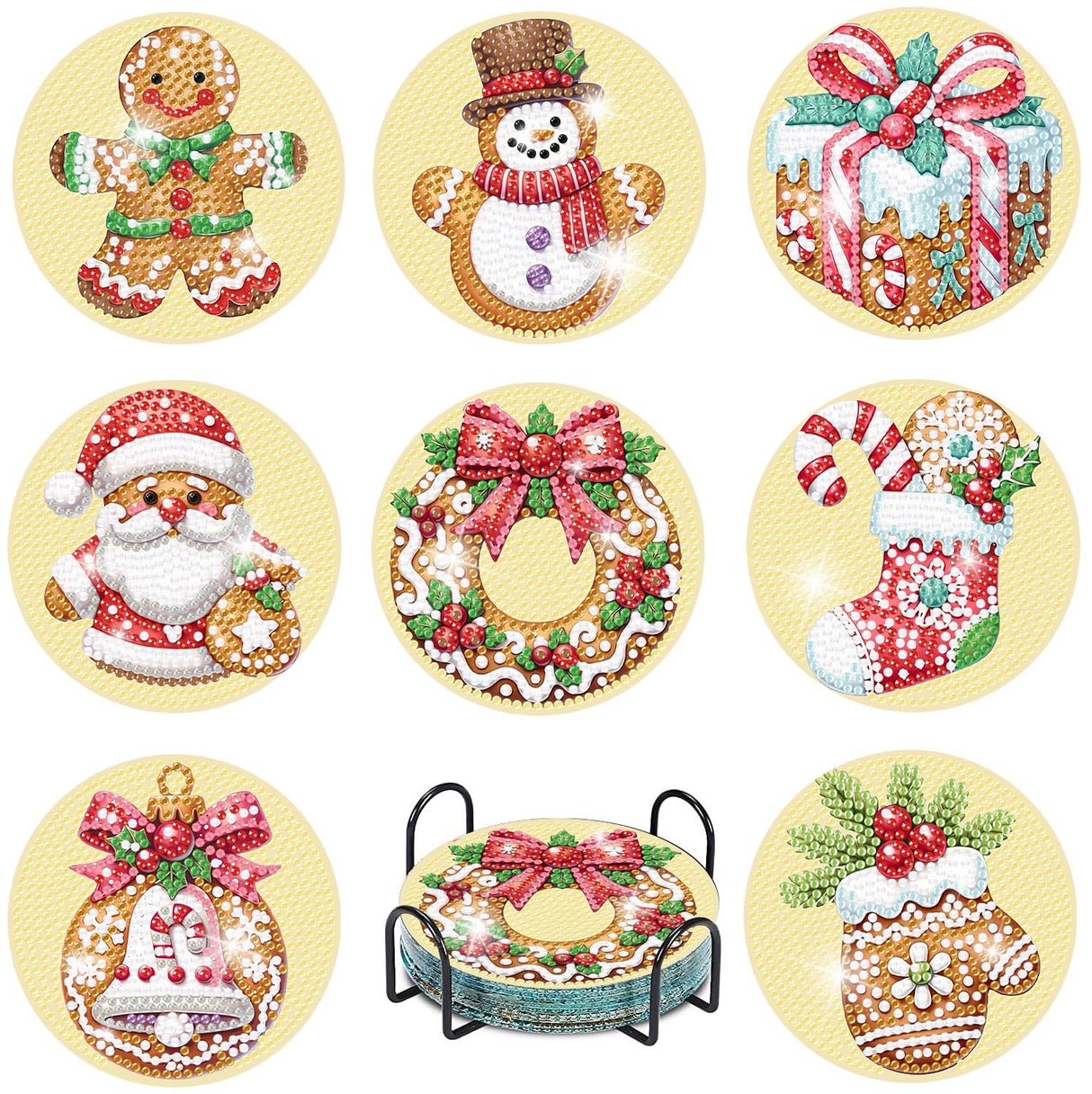 eniref 8 Pcs Christmas Diamond Art Coasters Kits with Holder, Gingerbread Snowman 5D DIY Diamond Pinting Coasters Acrylic Round Cup Coaster with Cork Pads for Tabletop Protection 10×10 CM eniref