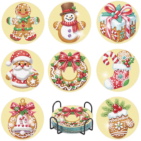 eniref 8 Pcs Christmas Diamond Art Coasters Kits with Holder, Gingerbread Snowman 5D DIY Diamond Pinting Coasters Acrylic Round Cup Coaster with Cork Pads for Tabletop Protection 10×10 CM eniref
