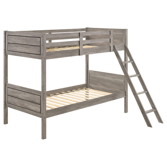 Ryder Twin Over Twin Solid Wood Bunk Bed in Weathered Taupe with Guardrail & Ladder by Coaster Home Furnishings - WoodArtSupply