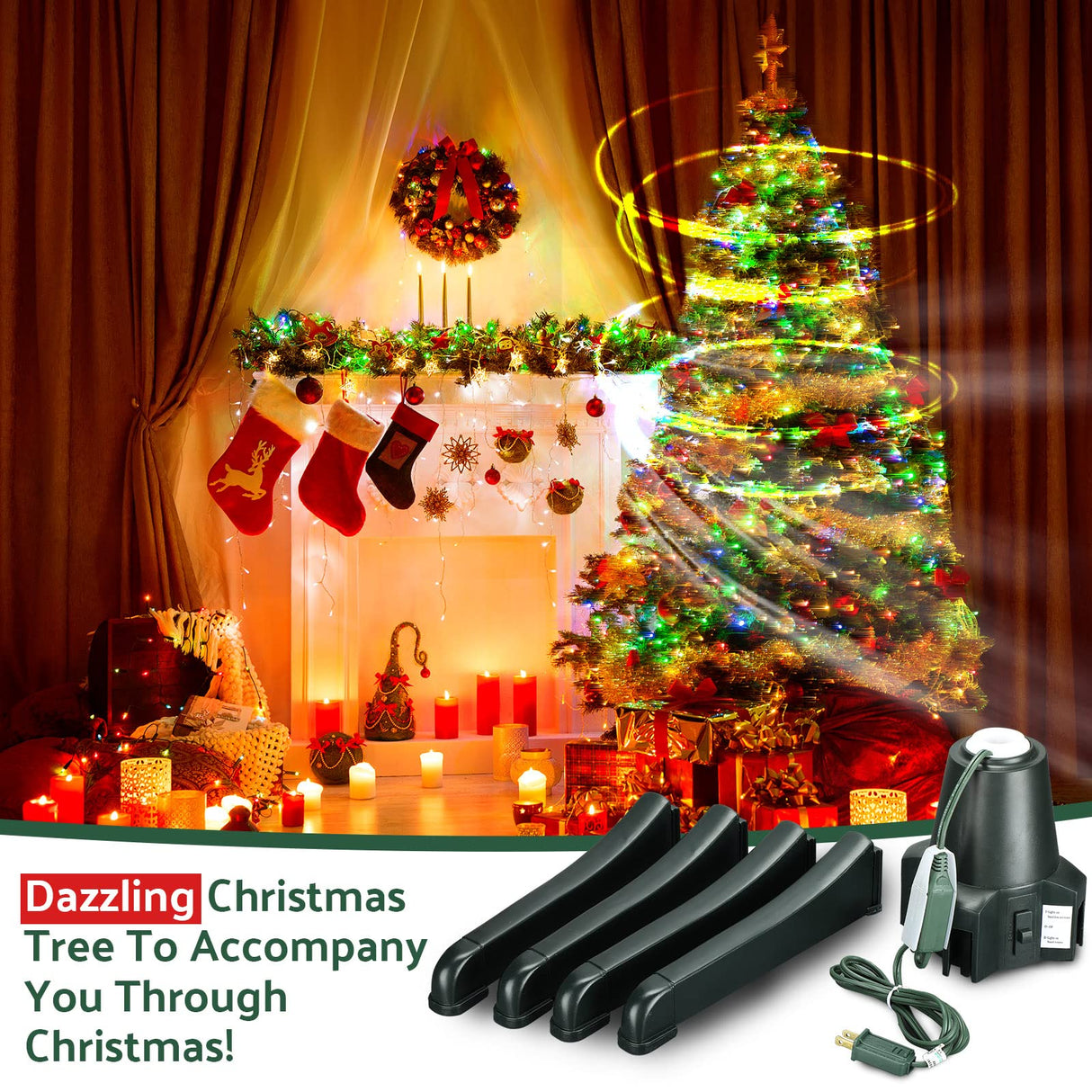 Hortsun Christmas Tree Stand 360 Degree Rotating Adjustable Tree Stand Replacement Electric Revolving Xmas Tree Base for up to 7.5ft Artificial Holiday Trees, Green Hortsun