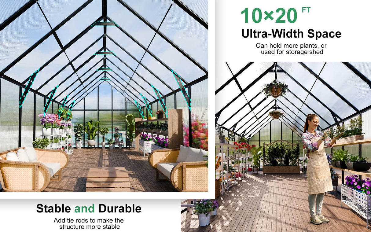 CDCASA 20x10x10 FT Greenhouse for Outdoors, Easy Assembly Large Thicker Aluminum Heavy Duty Polycarbonate Greenhouses Kit w/4 Vent Window, Walk-in Green House for Sunroom Patio,Backyard CDCASA