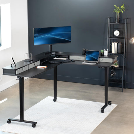 VIVO Electric 2-Tier Height Adjustable 75 x 63 inch Stand Up Corner Desk, L-Shaped Mobile Table with Memory Controller, Black Table Top, Black Frame, Dark Gray Storage Drawers, DESK-E3CVB-75 VIVO