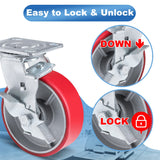 Nefish 6 Inch Industrial Casters Set of 4 Heavy Duty No Noise Polyurethane Wheel on Steel Hub, Workbench Casters with Brakes 4800 Lbs, Plate Swivel Casters for Toolbox Workbench (4 Swivel & Brakes) Nefish