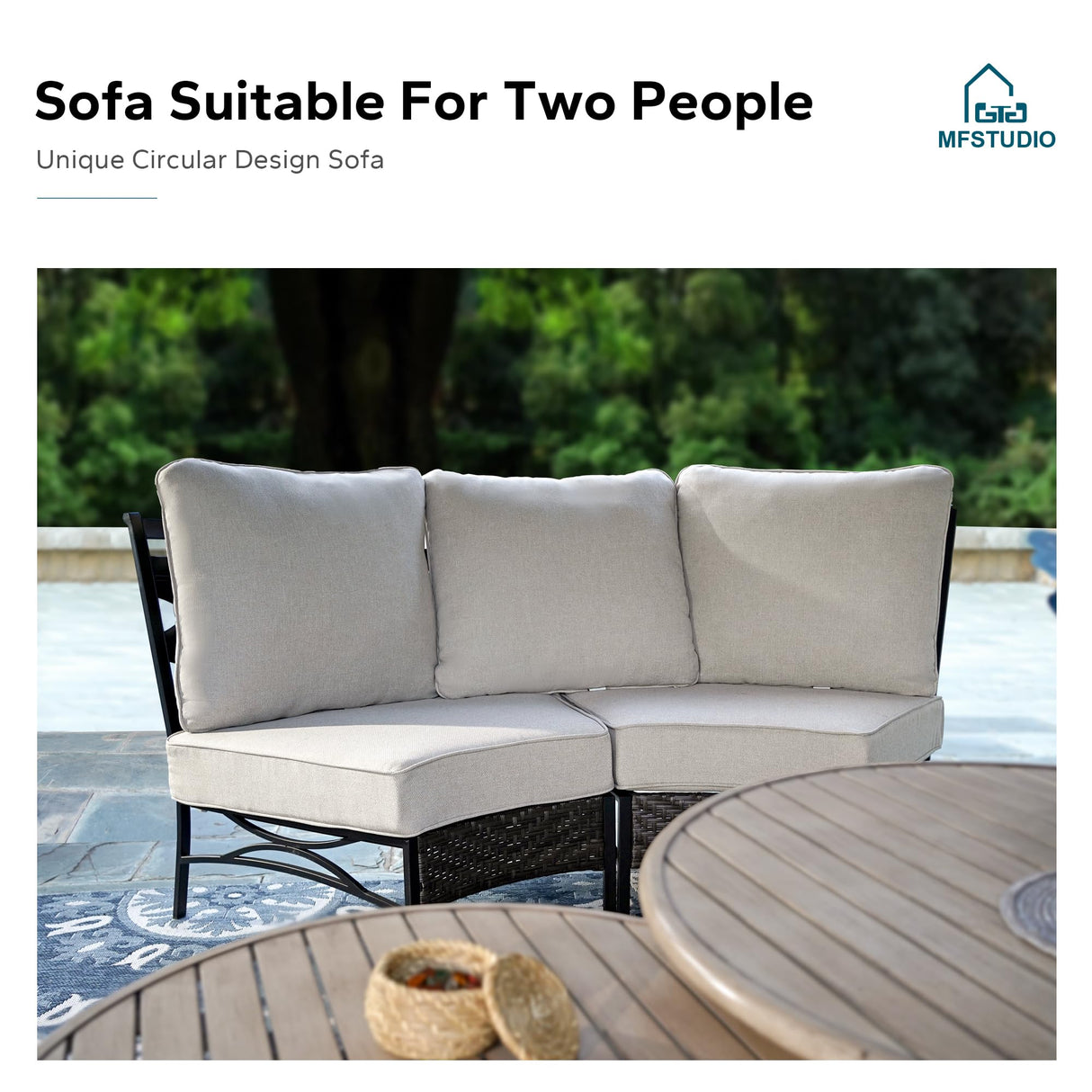 MFSTUDIO Patio Furniture Set, 8 Seats Half-Moon Curved Outdoor Sectional Sofa Conversation Set, Woven Rattan Patio Couch with 2 Wood-Like Round Coffee Table MFSTUDIO