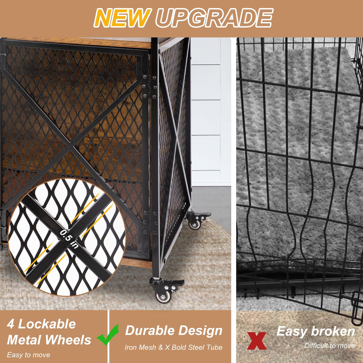 Ketive Dog Crate Furniture with Cushion, 41"L Wooden Dog Crate End Table with Double Doors, Chew-Resistant Dog Kennel Indoor, Heavy Duty Dog Crate with Wheels, Rustic Brown (41"L x 23.6 "W x 35.8 "H) ketive