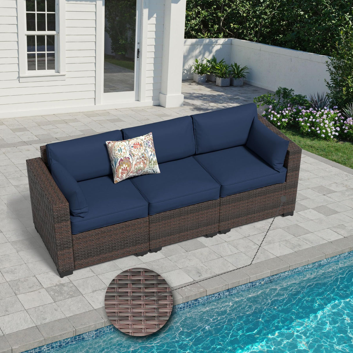 YLGJ&TIDY 3-Piece PE Rattan Patio Furniture Set - Waterproof Outdoor Sectional Sofa w/Thick Cushions - All-Weather Wicker Conversation Set for Backyard, Pool, Deck (Navy Blue) YLGJ&TIDY