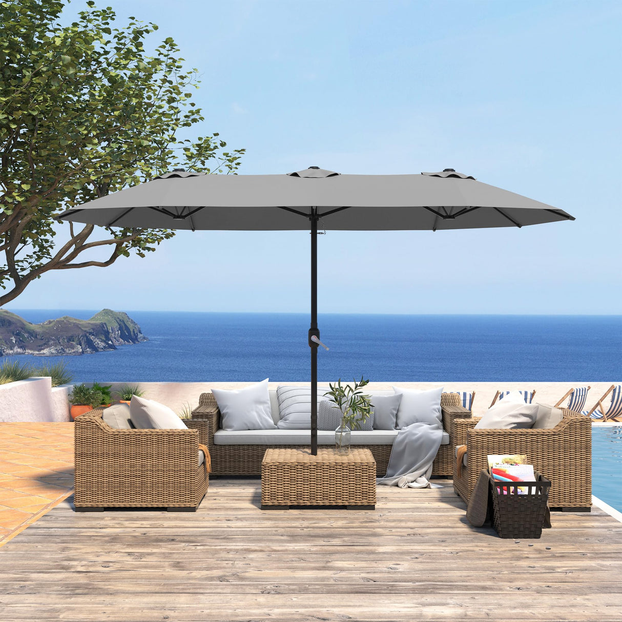 DomeShade 15ft Patio Umbrella with Base,Large Outdoor Double-Sided Rectangle Umbrella with Crank Handle, Market Umbrella for Poolside Garden Deck Backyard Beach Pools, Gray DomeShade