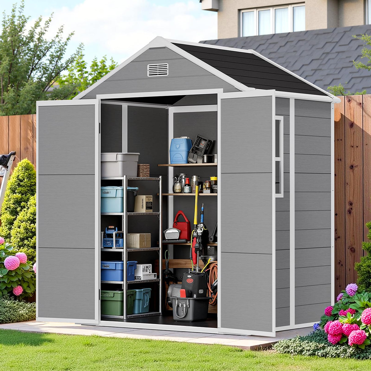 NicBex 6×5 Resin Outdoor Storage Shed with Floor & Window– All-Weather Lockable Small Tool Shed, Outdoor PP Plastic Garden Sheds & Outdoor Storage for Garden, Patio & Backyard – Light Gray NicBex