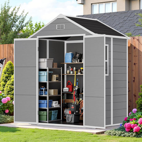 NicBex 6×5 Resin Outdoor Storage Shed with Floor & Window– All-Weather Lockable Small Tool Shed, Outdoor PP Plastic Garden Sheds & Outdoor Storage for Garden, Patio & Backyard – Light Gray NicBex