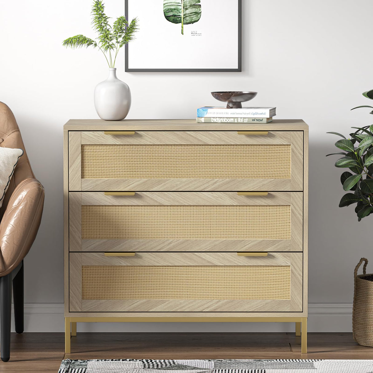 Anmytek 3 Drawer Dresser for Bedroom with Natural Rattan,Closet Dressers Chest of Drawers for Bedroom,Farmhouse Wood Large Nightstand with Storage Versatile Bedside Table for Bedroom Anmytek