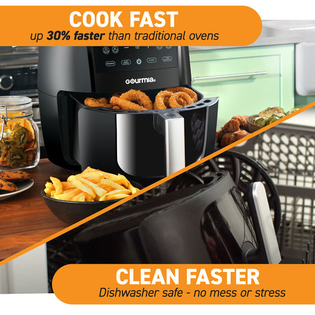Gourmia Air Fryer Oven Digital Display 6 Quart Large AirFryer Cooker 12 1-Touch Cooking Presets, XL Air Fryer Basket 1500w Power Multifunction Black and Stainless Steel Accents FRY FORCE GAF686 Gourmia