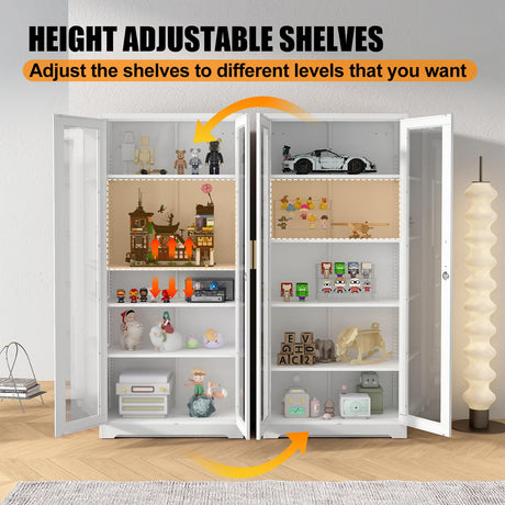 71" Glass Display Cabinet, Metal Storage Cabinet with Glass Doors, Curio Display Cabinet with 4 Adjustable Shelves, White Locking Cabinet for Living Room, Kitchen, Hallway, Office - Assembly Required MetalMax