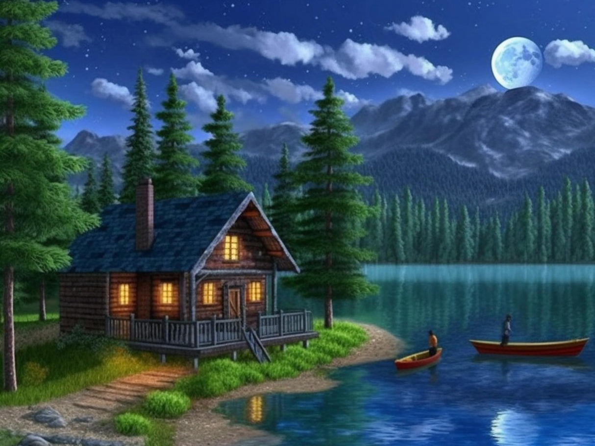5D Diamond Painting Landscape, Paint with Diamonds DIY Diamond Art Moon Lake Hut, Diymood Painting by Number Kits Full Drill Rhinestone for Home Wall Decor 12x16inch Diymood