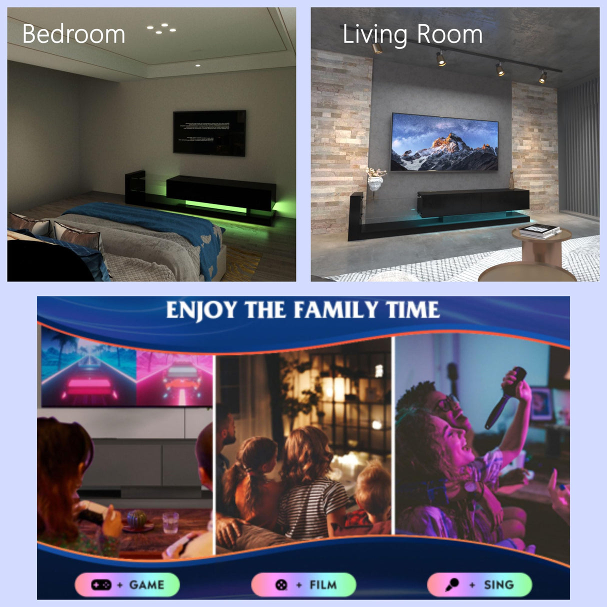 LED TV Stand for 55/65/75 Inch TV, Modern Entertainment Center with 31 Modes Full Color Selection Light String, TV Console with Tempered Glass for Living Room Bedroom, Black Banzeem