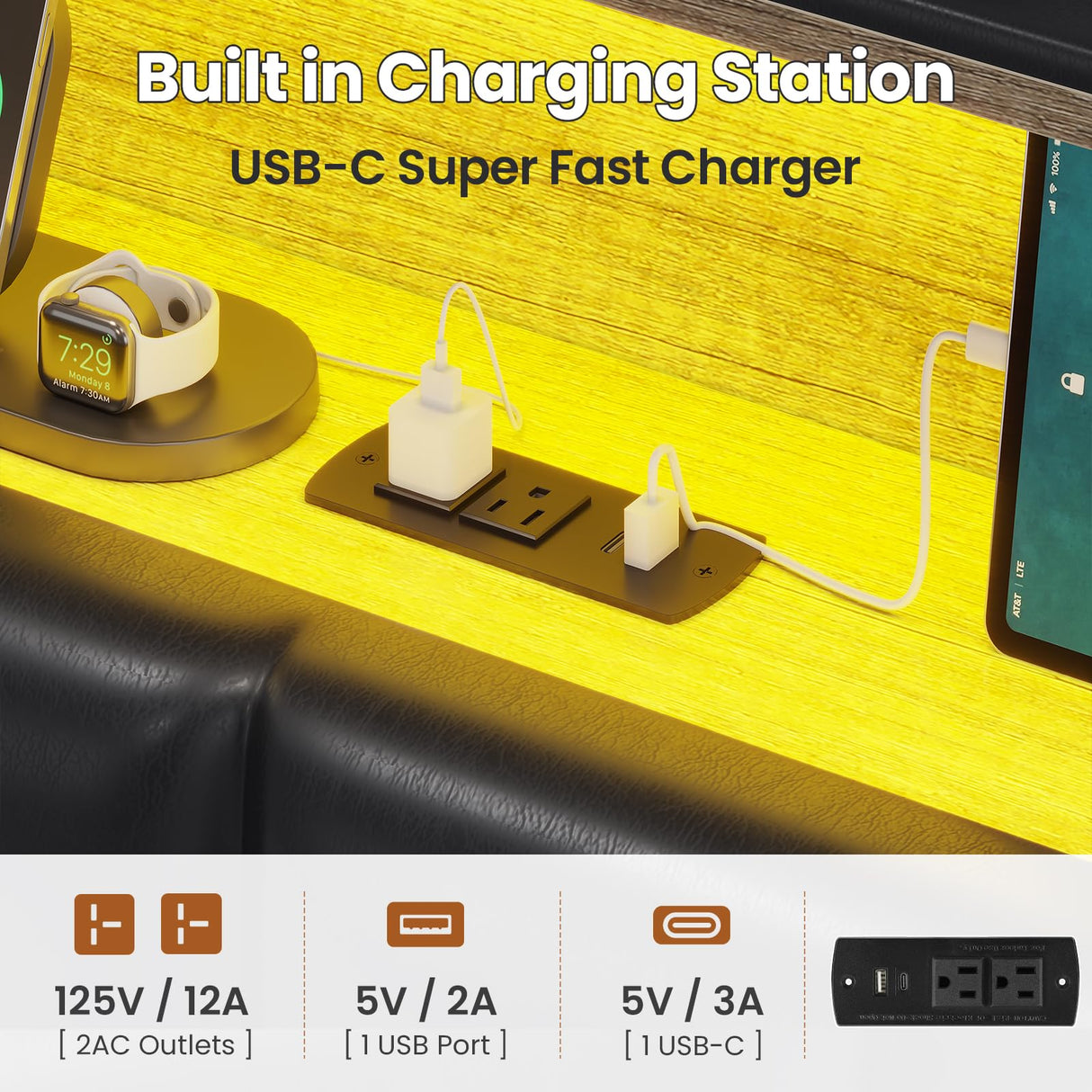 ADORNEVE King Size Floating Bed Frame with LED Lights, Storage Headboard, and Charging Station in PU Black ADORNEVE