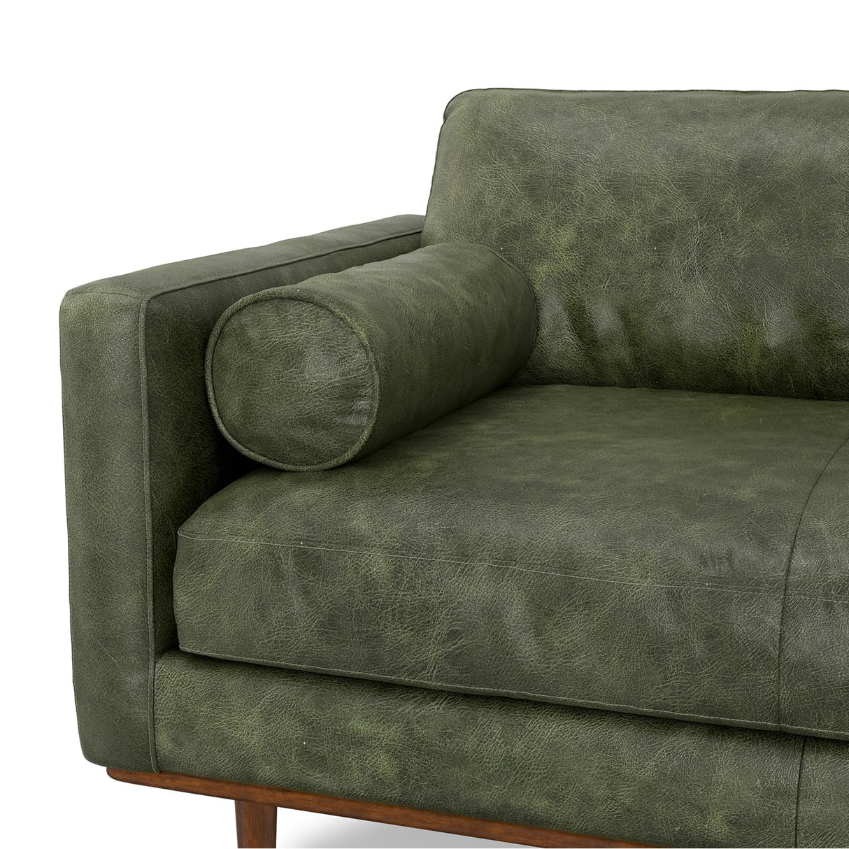 SIMPLIHOME Morrison 89-inch Wide Sofa in Moss Green Genuine Leather, Mid-Century Modern Design Couch for Living Room, Single Bench Cushion, 2 Back Cushions, 2 Bolster Pillows SIMPLIHOME