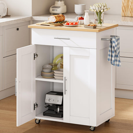 OtterOasis Kitchen Island Cart with Storage, Small Kitchen Island on Wheels with Large Drawer, Adjustable Shelf & Towel Rack, Rolling Island Table for Kitchen & Dining Room, White OtterOasis