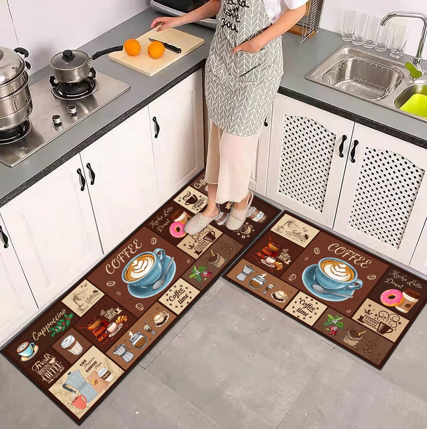 SHUNLCD Coffee Kitchen Decor Rug 2 Piece Set, Country Farmhouse Style Kitchen Floor Mat, Absorbent and Washable Runner Decorations Rug 17×30+17×47 Inches