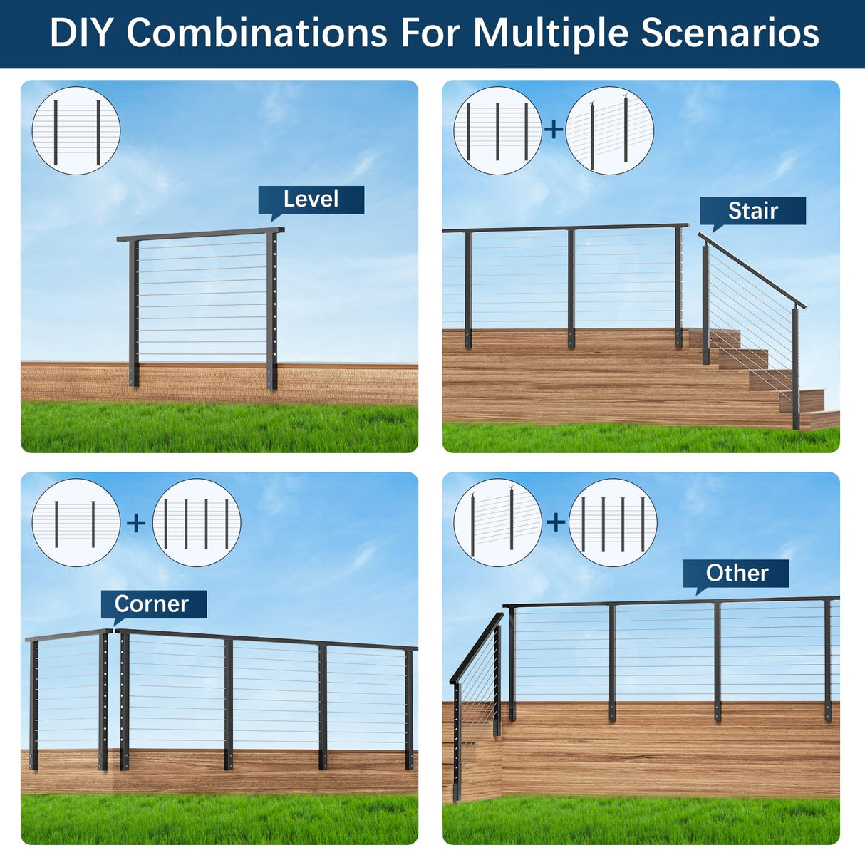 Gyykzz 2 Pack Complete Set Side Mount Stair Cable Railing Post Kits 36", Space-Saving Fascia Mount Stair Railing System Includes 2 Pack Side Mount Posts, 85FT Cable, 20 Cable Tensioners (No Handrail) Gyykzz