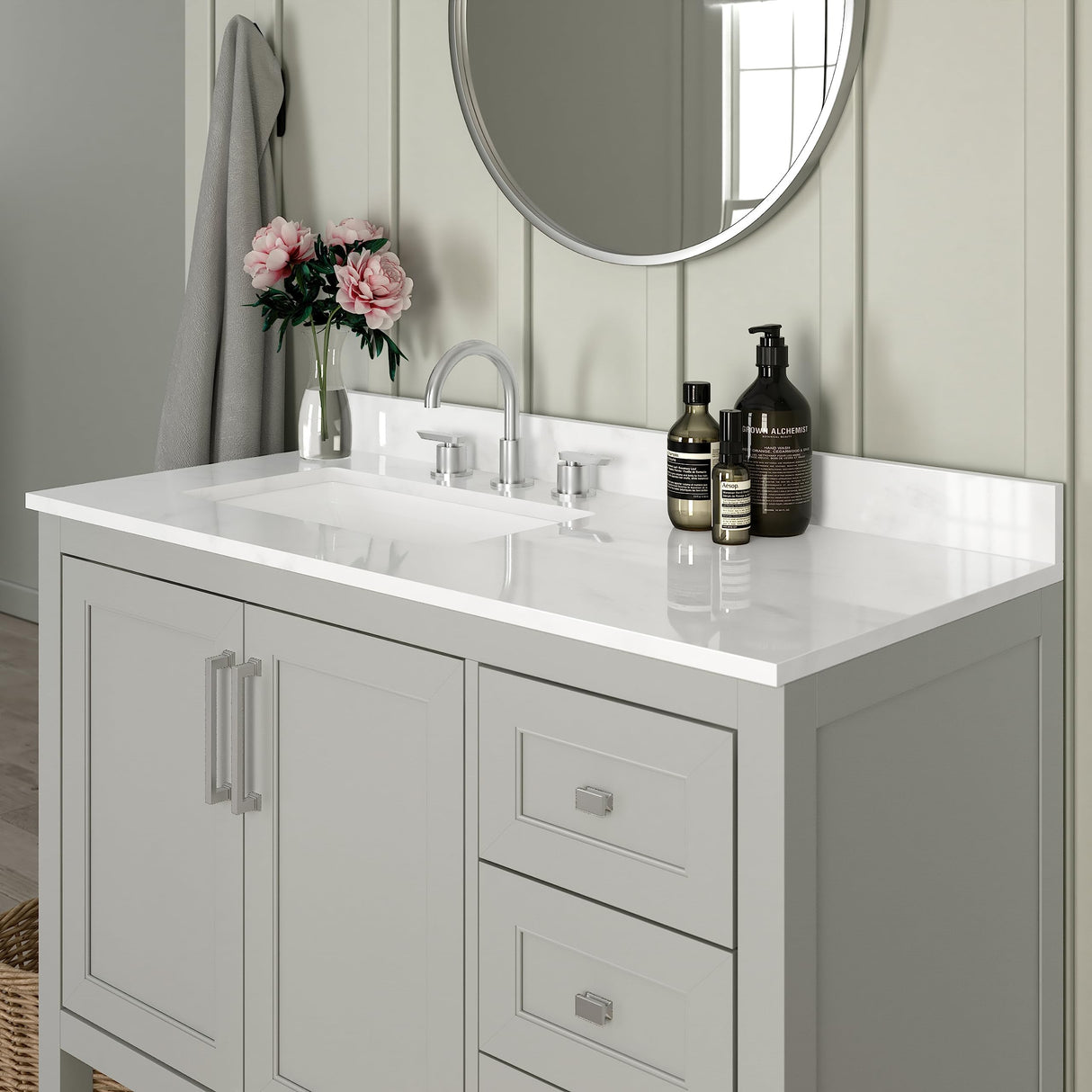EMMA + OLIVER Vesta 42 Inch Bathroom Vanity, Single Sink Cabinet with 2 Soft Close Doors, Open Shelf and 3 Drawers, Carrara Marble Finish Countertop, Gray EMMA + OLIVER