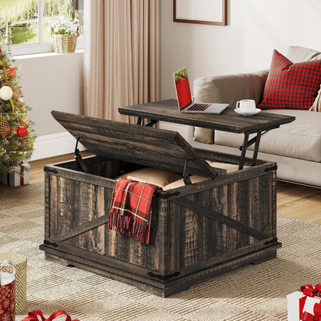 YITAHOME Farmhouse Lift Top Coffee Table, Square Wood Center Table with Large Hidden Storage Compartment for Living Room, Rustic Cocktail Table with Lift Top for Home Office,Dark Rustic Oak YITAHOME