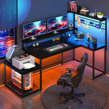 EnHomee L Shaped Gaming Desk with LED 55" Gaming Desk with Power Outlets Reversible L Shaped Desk with Long Monitor Stand & Storage Shelf,Cool Black Desk for Gaming Room,Home Office,Dorm,Black EnHomee