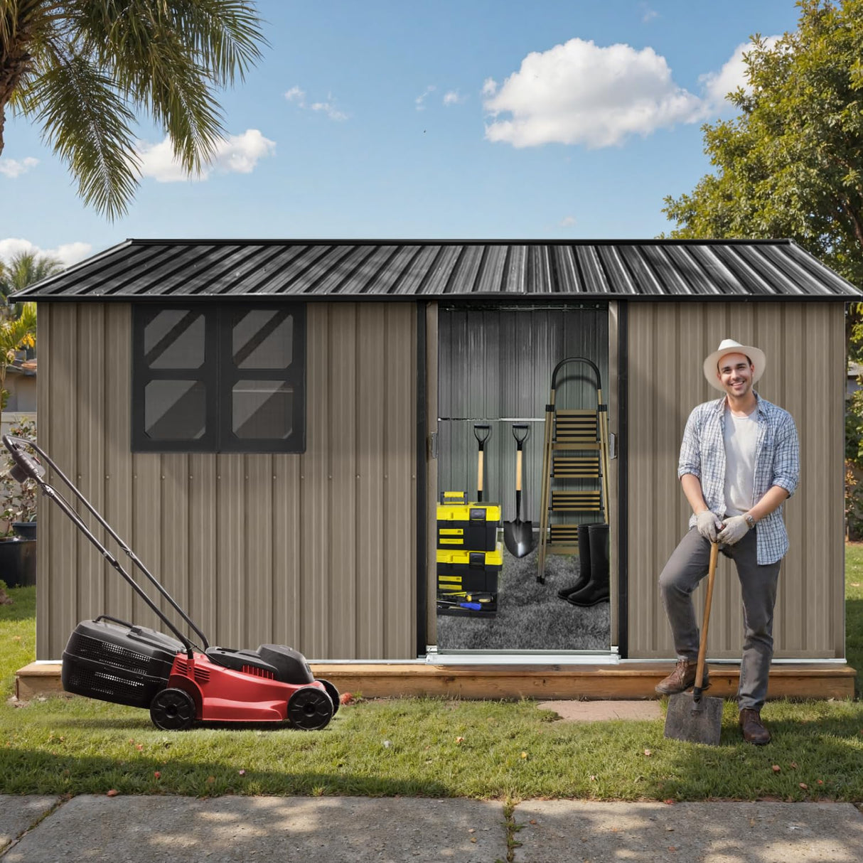 12x10 Ft Storage Shed Outdoor, XL Permanent Steel Building with Window, Sliding Doors and 4 Air Vents for Backyard Garden Patio Lawn - Brown LINKHOO