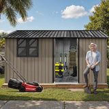 12x10 Ft Storage Shed Outdoor, XL Permanent Steel Building with Window, Sliding Doors and 4 Air Vents for Backyard Garden Patio Lawn - Brown LINKHOO